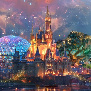☆ディズニー ワールド テーマパーク アート マジックキングダム エプコット ウォルト・ディズニー・ワールド・プリント - 4つのパークの線画