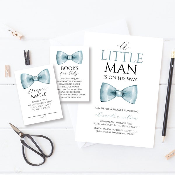 Little Man Baby Shower Invitation Bundle,  Boy Baby Shower Digital Invitation Package, Editable Boy Baby Shower Invite Template