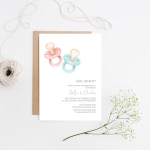 Gender Reveal Invitation, Editable Minimalist Gender Reveal Invite Template, Pacifier Gender Reveal Invitation Templett