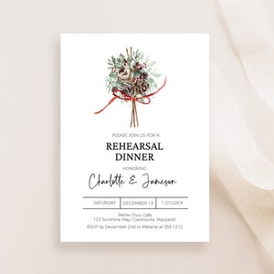 Editable Christmas Rehearsal Dinner Invite Template, Floral Winter Wedding Rehearsal Dinner Invitation Templett, F53