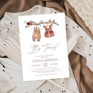 Boho Twin Baby Shower Invitation, Fall Baby Shower Invitation, Baby Clothes Invitation, F77