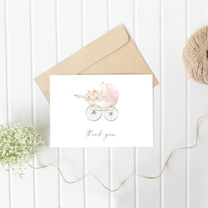 Tarjeta de agradecimiento para baby shower rosa, plantilla de tarjeta de agradecimiento para baby shower de niña, tarjeta editable con carrito de bebé rosa, cochecito de bebé, F68