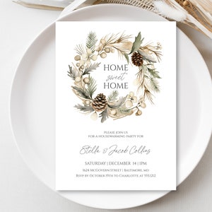 Holiday Housewarming Party Invitation, Instant Download Winter Housewarming Invite, Templett, Wreath Home Sweet Home Invitation