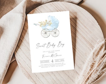 Blue Baby Shower Invitation, Boy Baby Shower Invite, Digital Baby Shower Invitation, Blue Baby Carriage, Baby Stroller