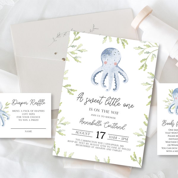 Nautical Baby Shower Invitation Bundle,  Octopus Baby Shower Digital Invitation Package, Editable Baby Shower Invite Template