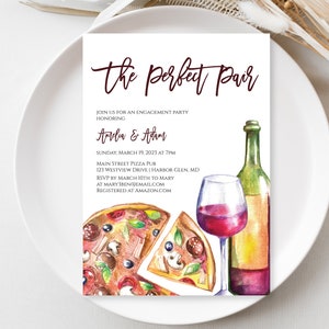 Pizza and Wine Engagement Party Invitation, The Perfect Pair Couples Shower Invitation Template Digital File