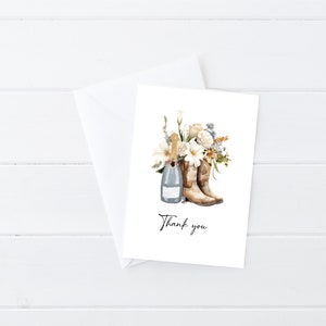 Boots And Bubbly Bridal Shower Thank You Card, Printable Western Themed Bridal Shower Thank You Notecard Instant Download