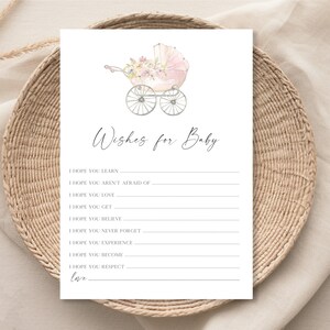 Deseos de baby shower para tarjeta de bebé, descarga instantánea del juego de bingo de baby shower para niña imprimible, tarjeta de deseos de bebé rosa F68