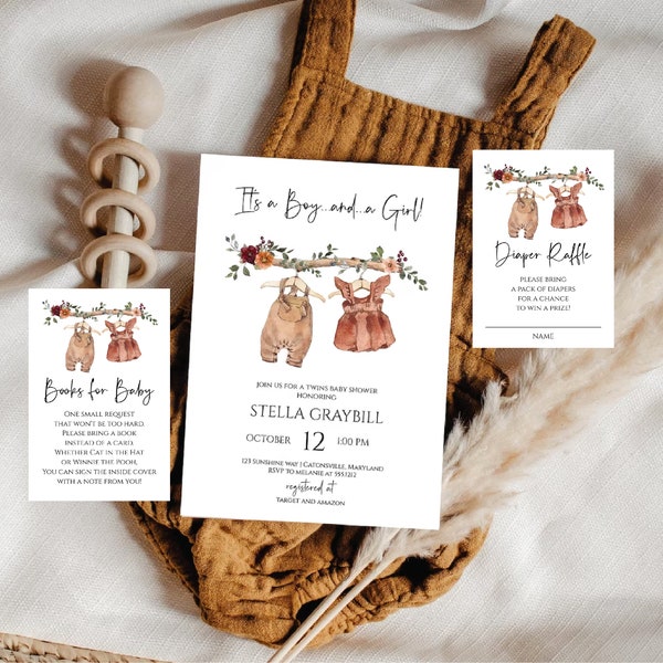 Boho Twin Baby Shower Invitation Bundle, Fall Baby Shower Invitation Package, Baby Clothes Invitation, f77