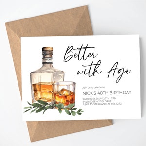 Invitación a cata de whisky, plantilla de invitación a fiesta de cumpleaños de whisky, descarga instantánea, invitación editable Better with Age Whisky