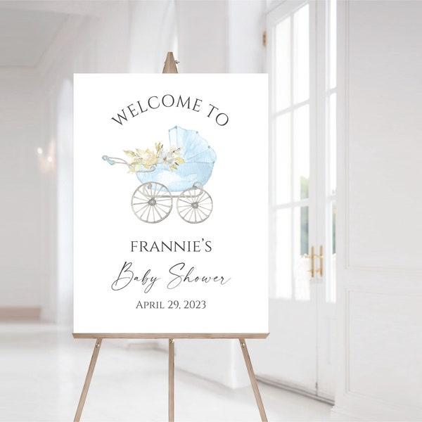 Blue Baby Shower Welcome Sign, Boy Baby Shower Sign, Blue Baby Carriage Welcome Sign, Baby Stroller, F68
