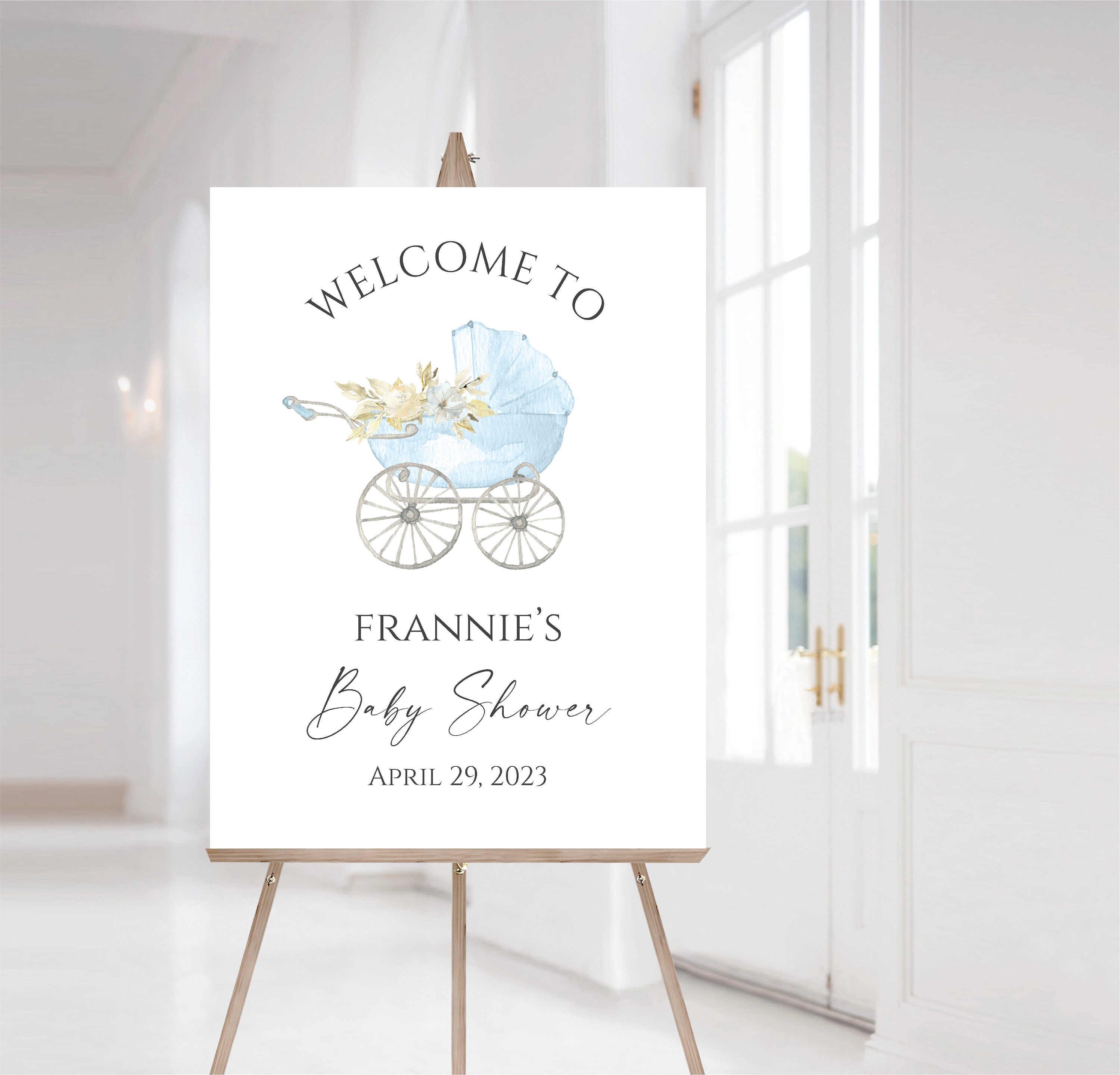 Blue Baby Shower Welcome Sign, Boy Baby Shower Sign, Blue Baby Carriage Welcome Sign, Baby Stroller, F68