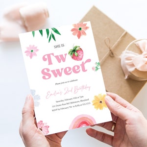 Strawberry Birthday Party Invitation, Editable Two Sweet Birthday Party Invite, Girl 2nd Birthday Party Evite