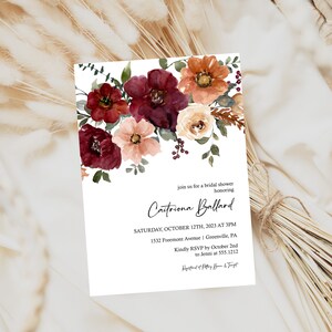 Fall Floral Bridal Shower Invite Template, Burgundy Bridal Shower Invite Templett, Fall Floral Bridal Shower Invitation Template, F122