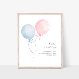 Signe de table de révélation de genre ballon rose ou bleu, modèle de signe de cartes et cadeaux de révélation de genre minimaliste modifiable, F33