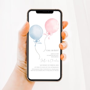 Balloon Gender Reveal Evite, Editable Minimalist Gender Reveal Invite Template, Girl or Boy Gender Reveal Invitation Templett, f33