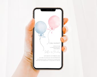 Balloon Gender Reveal Evite, Editable Minimalist Gender Reveal Invite Template, Girl or Boy Gender Reveal Invitation Templett, f33