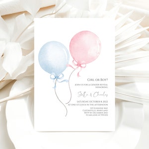 Ballon Gender Reveal Einladung, bearbeitbare minimalistische Gender Reveal Einladungsvorlage, Mädchen oder Jungen Gender Reveal Einladung Templett, f33