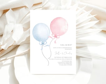 Balloon Gender Reveal Invitation, Editable Minimalist Gender Reveal Invite Template, Girl or Boy Gender Reveal Invitation Templett, f33