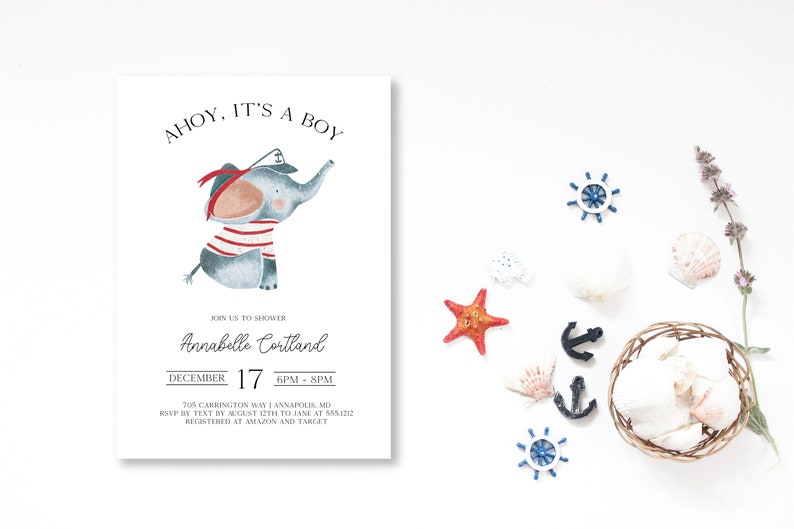 Nautical Baby Shower Invitation Bundle, Elephant Baby Shower Invitation