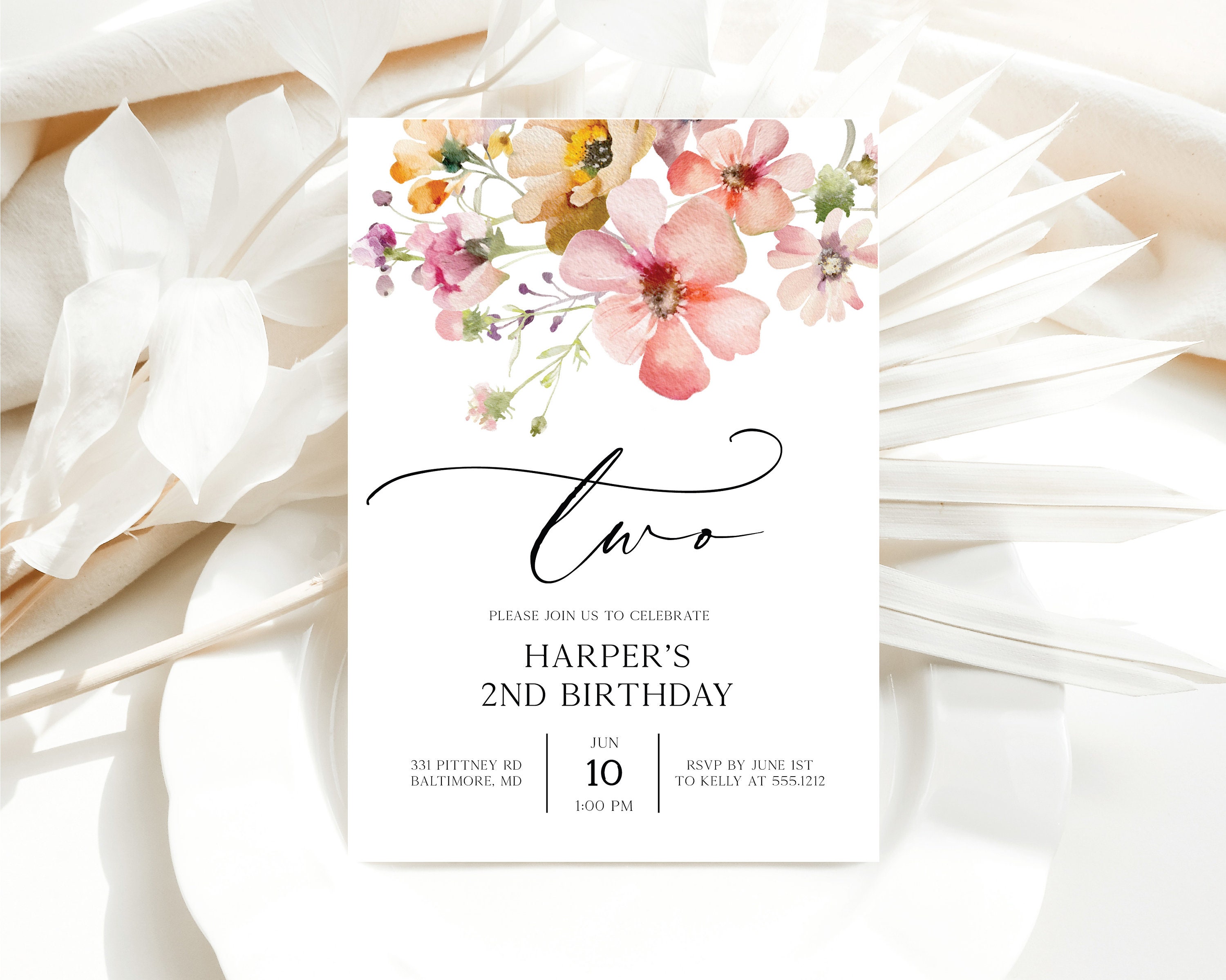 Second Birthday Party Invitation, Girl 2nd Birthday Digital Invitation ...