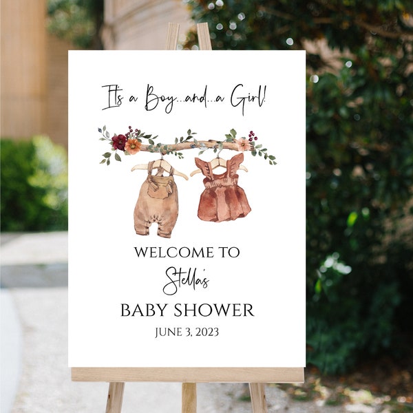 Boho Twin Baby Shower Welcome Sign, Fall Baby Shower Sign Template, Baby Clothes Sign Templett, f77