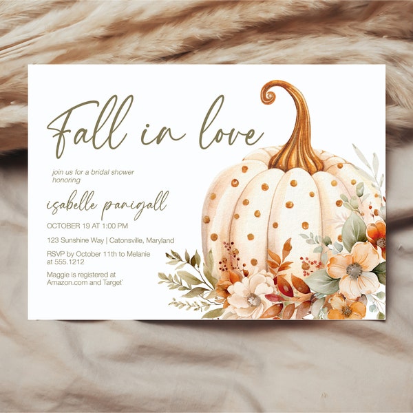 Fall In Love Bridal Shower Invitation, Editable Pumpkin Bridal shower Invite, Autumn Bridal Shower Invitation, f145