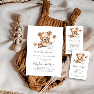 Fall Teddy Bear Boy Baby Shower Invitation Bundle, Boy Baby Shower Digital Invitation Package, Editable Little Pumpkin Invite Template