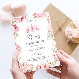 Princess Birthday Party Invitation, Floral Pink Princess Birthday Party Invite, Editable Our little princess invite Instant Download