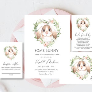 Girl Bunny Baby Shower Invitation Package, Floral Bunny Baby Shower Bundle, Editable Some Bunny Invitation Instant Download