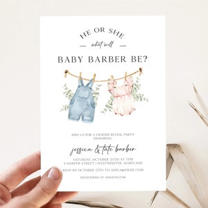 Clothesline Gender Reveal Invitation, Editable Minimalist Gender Reveal Invite Template, Baby Clothes Gender Reveal Invite Templett, F102