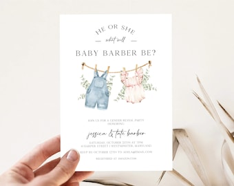 Clothesline Gender Reveal Invitation, Editable Minimalist Gender Reveal Invite Template, Baby Clothes Gender Reveal Invite Templett, F102