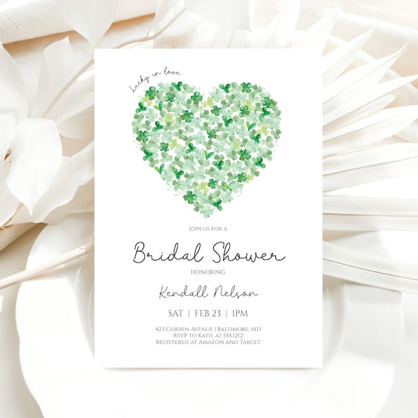 Shamrock Bridal Shower Invitation, Lucky In Love Shower Invite, Editable Clover Bridal Shower Invite  Template Instant Download