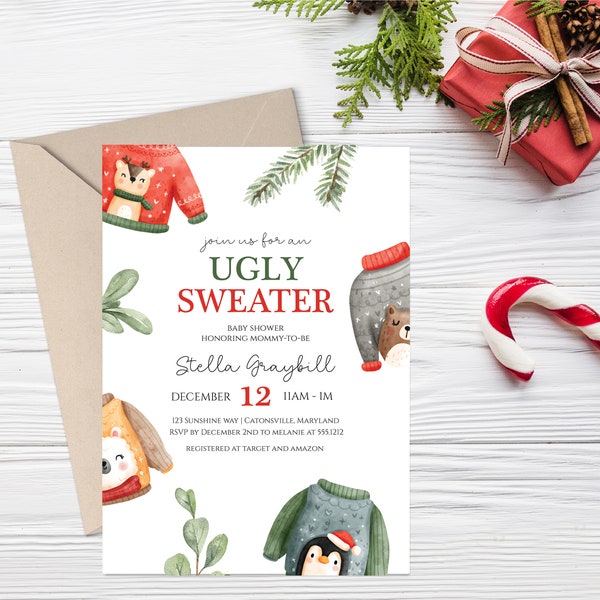 Ugly Sweater Baby Shower Invitation, Holiday Baby Shower Invitation, Editable Winter Baby Shower Invite Template, F54