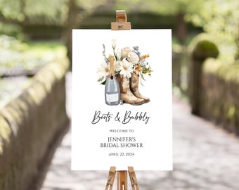 Boots And Bubbly Bridal Shower Welcome Sign, Editable Western Themed Bridal Shower Sign, Boots and Bubbly Large Sign Instant Download