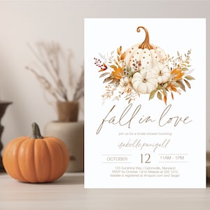 Fall In Love Bridal Shower Invitation, Editable Pumpkin Bridal shower Invite, Autumn Bridal Shower Invitation, f145