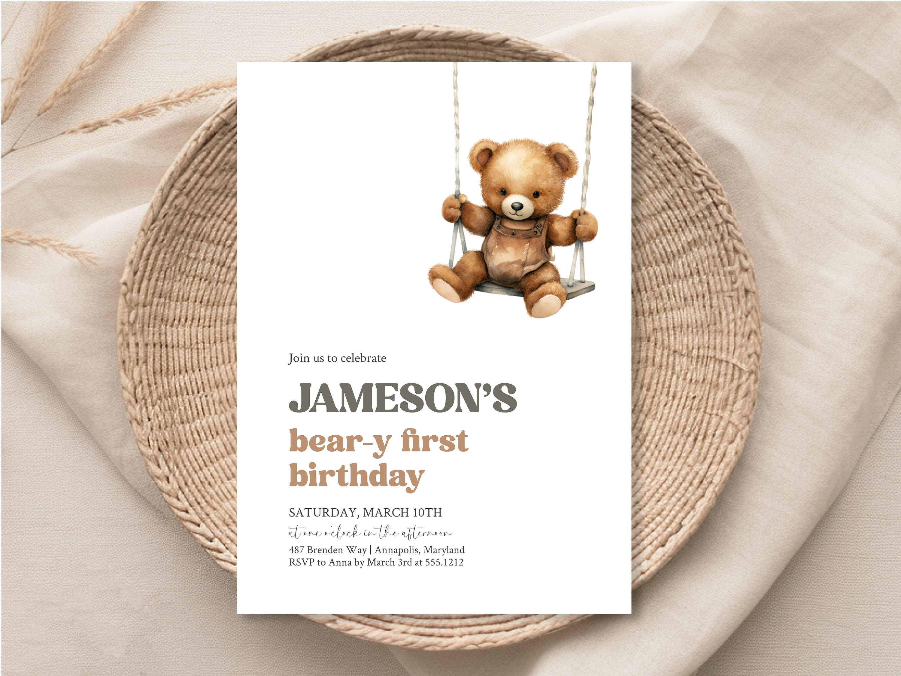 Boy Teddy Bear First Birthday Party Invitation, Editable Beary First ...