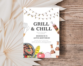 Grill and Chill Birthday Party Invitation Template, BBQ Birthday Party Invitation, Instant Download, Editable BBQ and Beer Invite, F45