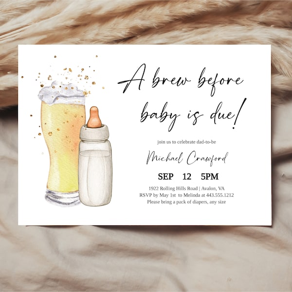 Modèle imprimable d'invitation de fête de couches de bière, bières modifiables et bouteilles Evite de partie de couche-culotte, invitation de baby shower pour papa, Templett, F140