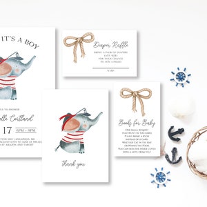Nautical Baby Shower Invitation Bundle, Elephant Baby Shower Invitation Package, Sailing Gender Neutral Baby Shower Invitation