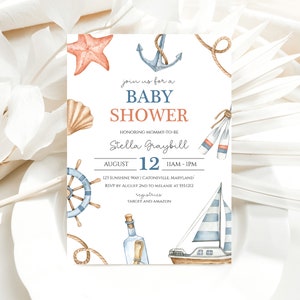 Gender Neutral Nautical Baby Shower Invitation, minimalist Sailboat Baby Shower Invite, f55