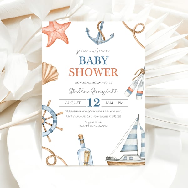 Gender Neutral Nautical Baby Shower Invitation, minimalist Sailboat Baby Shower Invite, f55