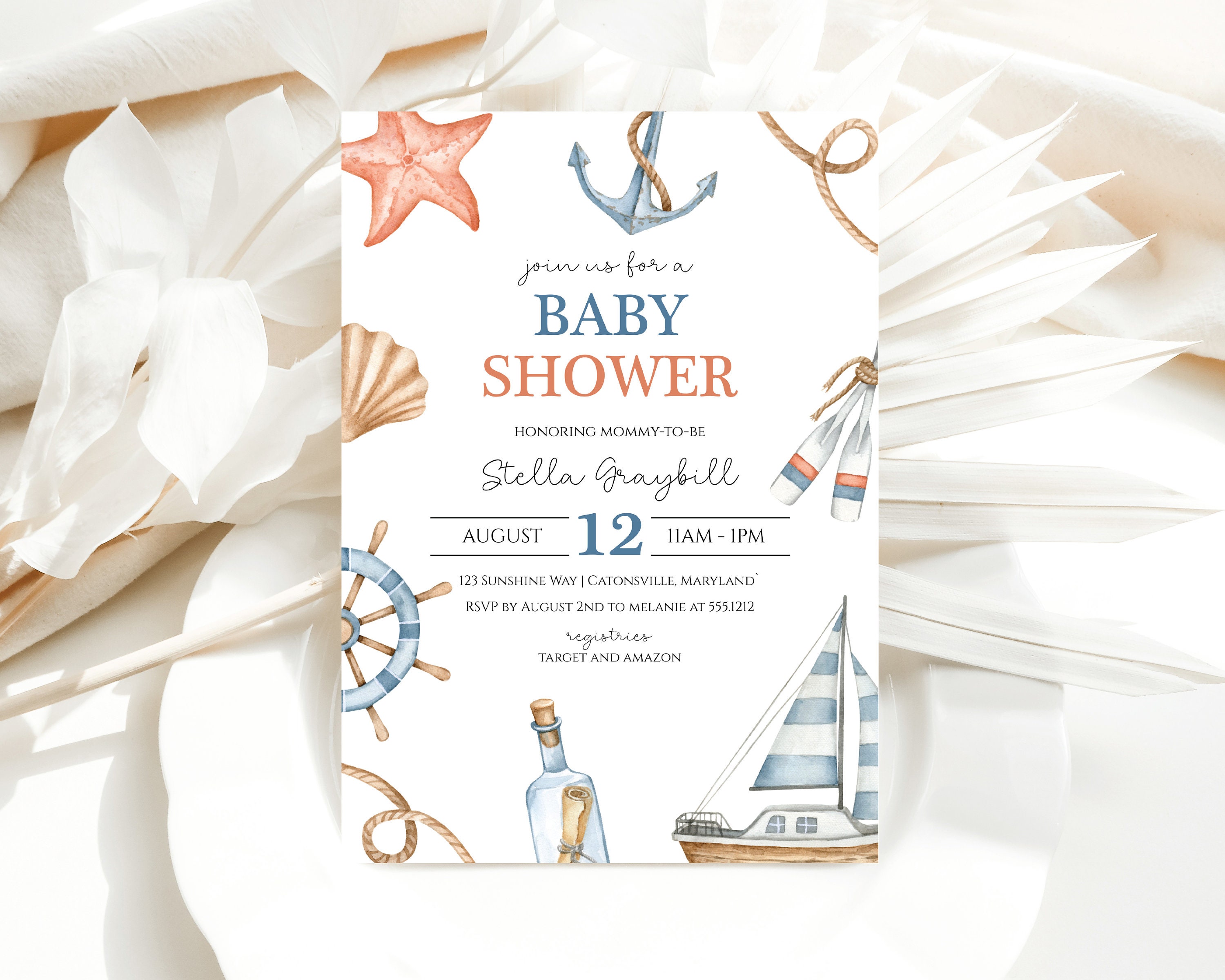 Gender Neutral Nautical Baby Shower Invitation, Minimalist Sailboat