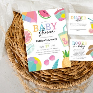 Summer Baby Shower Invitation Bundle, Editable Gender Neutral Pool Party Baby Shower Invitation, Templett, Instant Download