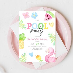 Mädchen Pool-Geburtstags-Party-Einladung, bearbeitbare Pool-Party-Geburtstags-Einladung, Sommer-Strand-Geburtstags-Party-Einladung, Flamingo-Einladung