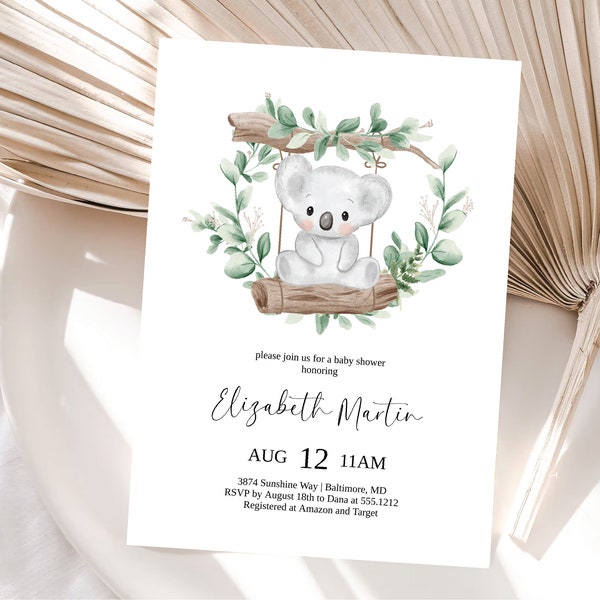 Koala Baby Shower Invitation, Down Under Gender Neutral Baby Shower Invitation, Koala Text Invite