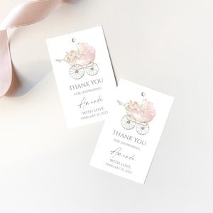 ベビーカーの記念品タグ、女の子のベビーシャワーのサンキュータグ、印刷可能なベビーシャワーのタグ、編集可能なサンキュータグ、F68