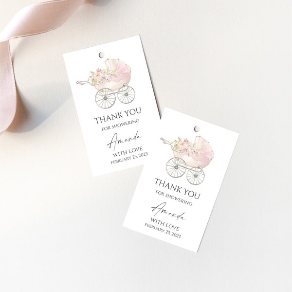 Baby Carriage Favor Tag, Girl Baby Shower Thank you Tag, Printable Baby Shower Tag, Editable thank you tag, F68