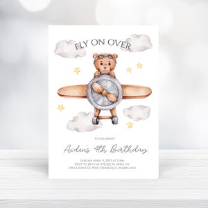 Airplane Birthday Party Invitation, Editable Boy Teddy Bear Birthday Party Invite,  Airplane Digital Invitation