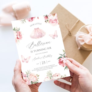 Ballerina-Geburtstags-Party-Einladung, Blumen-Rosa-Ballett-Geburtstags-Party einladen, bearbeitbar Unsere kleine Ballerina-Einladung Sofortiger Download
